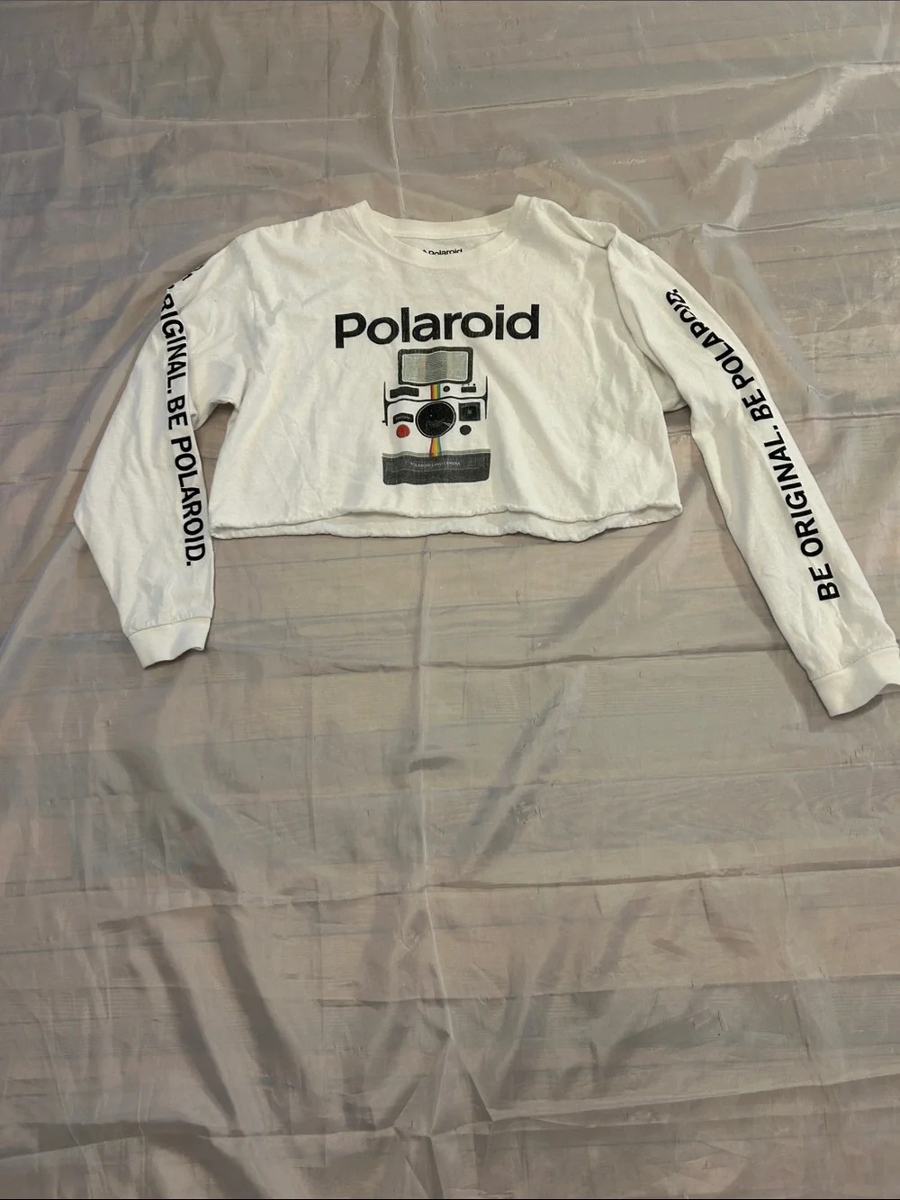 Polaroid White Long-Sleeve Crop Top with Camera Graphic